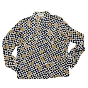 vintage Alexander silk checkered gold ornate long sleeve button up shirt size 48